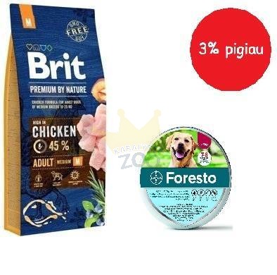 BRIT Premium By Nature Adult M 15kg+Foresto Antkaklis šunims virš 8kg