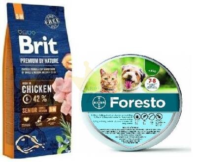 BRIT Premium By Nature Senior S+M 15kg+Foresto Antkaklis katėms ir šunims sveriantiems mažiau nei 8kg