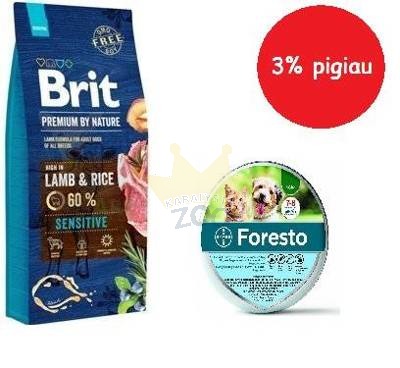 BRIT Premium By Nature Sensitive Lamb 15kg + Foresto Antkaklis šunims virš 8kg