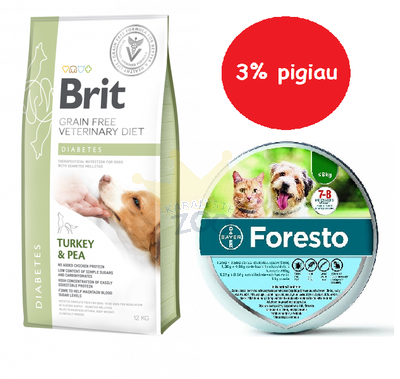 Brit gf veterinary diets dog Diabetes 12kg+Foresto Antkaklis katėms ir šunims sveriantiems mažiau nei 8kg