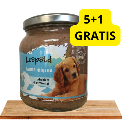 Leopold pašaras šuniukams su paukštiena 5x300g + 1 GRATIS