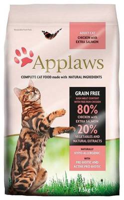 "Applaws Adult Chicken with Extra Salmon" sausas kačių maistas 7,5 kg + Tenderloin 3x30g mišinys 