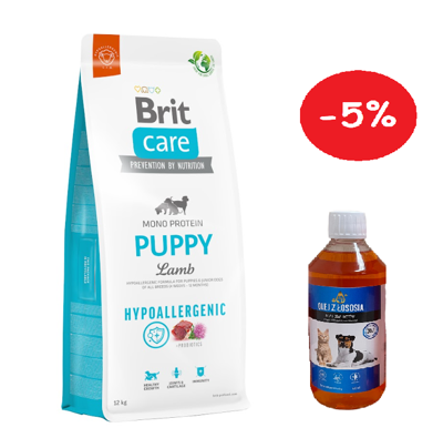 BRIT CARE Hypoallergenic Puppy Lamb 12kg + LAB V Lašišų aliejus šunims ir katėms 500ml  5% PIGIAU