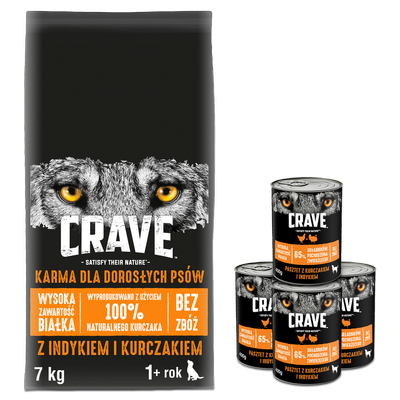 CRAVE - sausas ėdalas 7 kg + CRAVE™ Adult Vištienos ir kalakutienos ėdalas šunims 3x400g