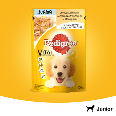 PEDIGREE Junior paketėlis 100g - drėgnas šunų ėdalas su vištiena ir ryžiais