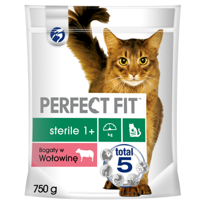 PERFECT FIT (sterilus 1+) 750g jautienos turtingas sausas ėdalas katėms po sterilizacijos