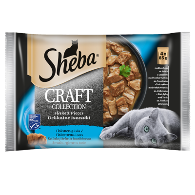 SHEBA paketas 4x85g „Craft Collection“ žuvies skoniai - šlapias kačių maistas padaže (su lašiša, su tunu, su balta žuvele, su menke)