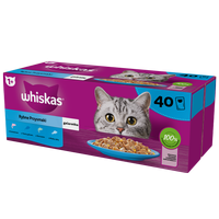 WHISKAS Adult paketėliai 40 x 85 g Fishy Treats - drėgnas maistas suaugusioms katėms drebučiuose (su lašiša, tunu, menke, balta žuvimi)